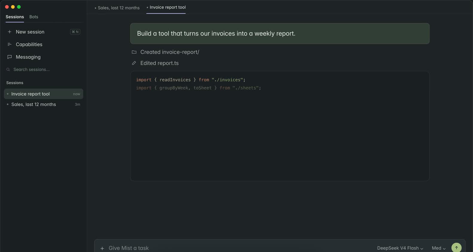 Mist Desktop building a reporting tool with files, code, and conversations in one workspace