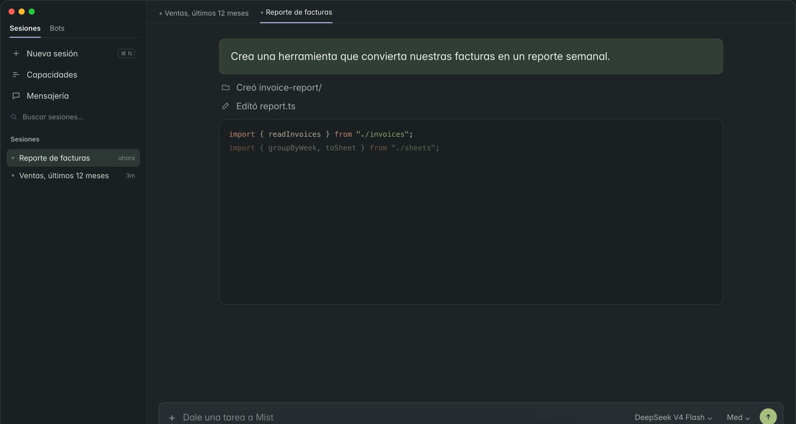 Mist Desktop creando una herramienta de reportes con archivos, código y conversaciones en un mismo espacio